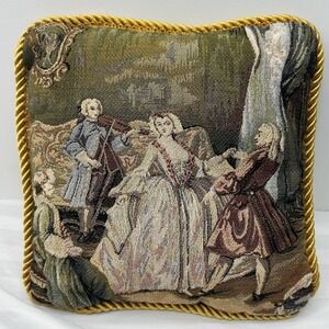 Vintage French Colonial Stye Tapestry Pillow Small 9" Dancing Lady Man Violin 9"